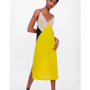 Zara Yellow Black Cream Colorblock Midi Slip Dress